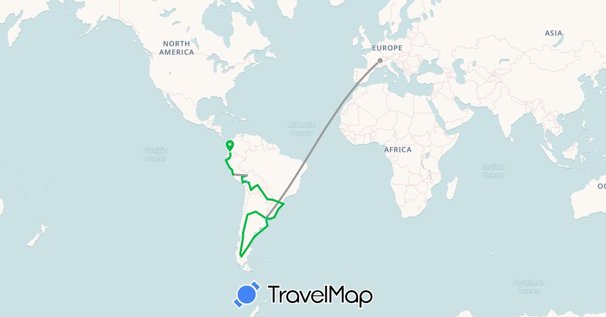 TravelMap itinerary: driving, bus, plane, boat in Argentina, Bolivia, Brazil, Switzerland, Ecuador, Peru, Paraguay, Uruguay (Europe, South America)
